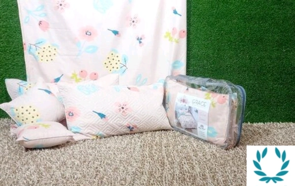  Cotton Blend  5pcs Bedding Setwith One double bedsheet with 2 Quited Pillow Covers and 2 Quilted Cushions - Queen Size, Cotton Blend, 3d Printed, 5pcs of 1 Pack